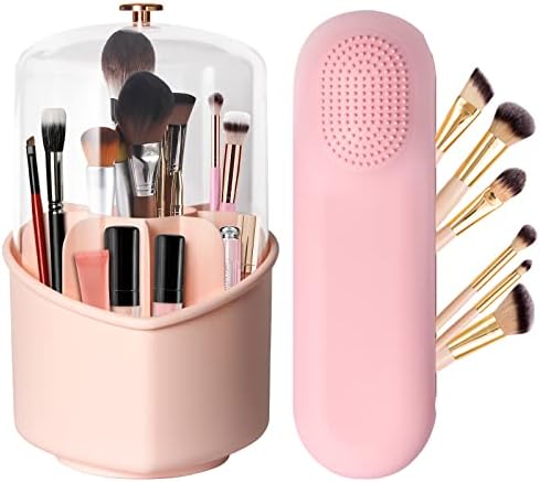 OKGD Makeup Brush Holder with Lid and Silicone Makeup Brush Organizer Case,360°Rotating Dustproof & Waterproof Makeup Brushes Organizer for Vanity Desktop Bathroom Countertop