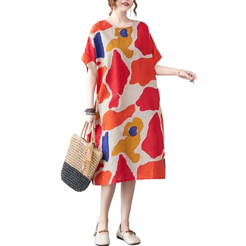 Image of LUZU JUNU Women's Summer Baggy Plus Size Loose Cotton Linen Long Boho Beach Dress with Pockets