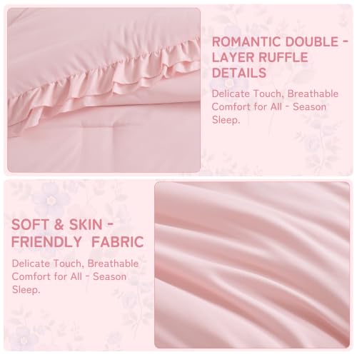 Image of Toddler Bedding Set for Girls, 4 Piece Double Ruffles Super Soft Toddler Bed Set with Boho Toddler Comforter Sheet Set, Fitted Sheet, Flat Sheet and Pillowcase, Light Pink