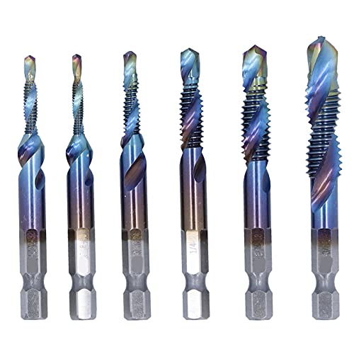 Image of 6Pcs Spiral Tap Drill Bit Set, High - Speed Steel Hex Shank Combination Drill Tap for Drilling Tapping Cutting Soft Metal Plastic, with Imperial Threads for Power Drills