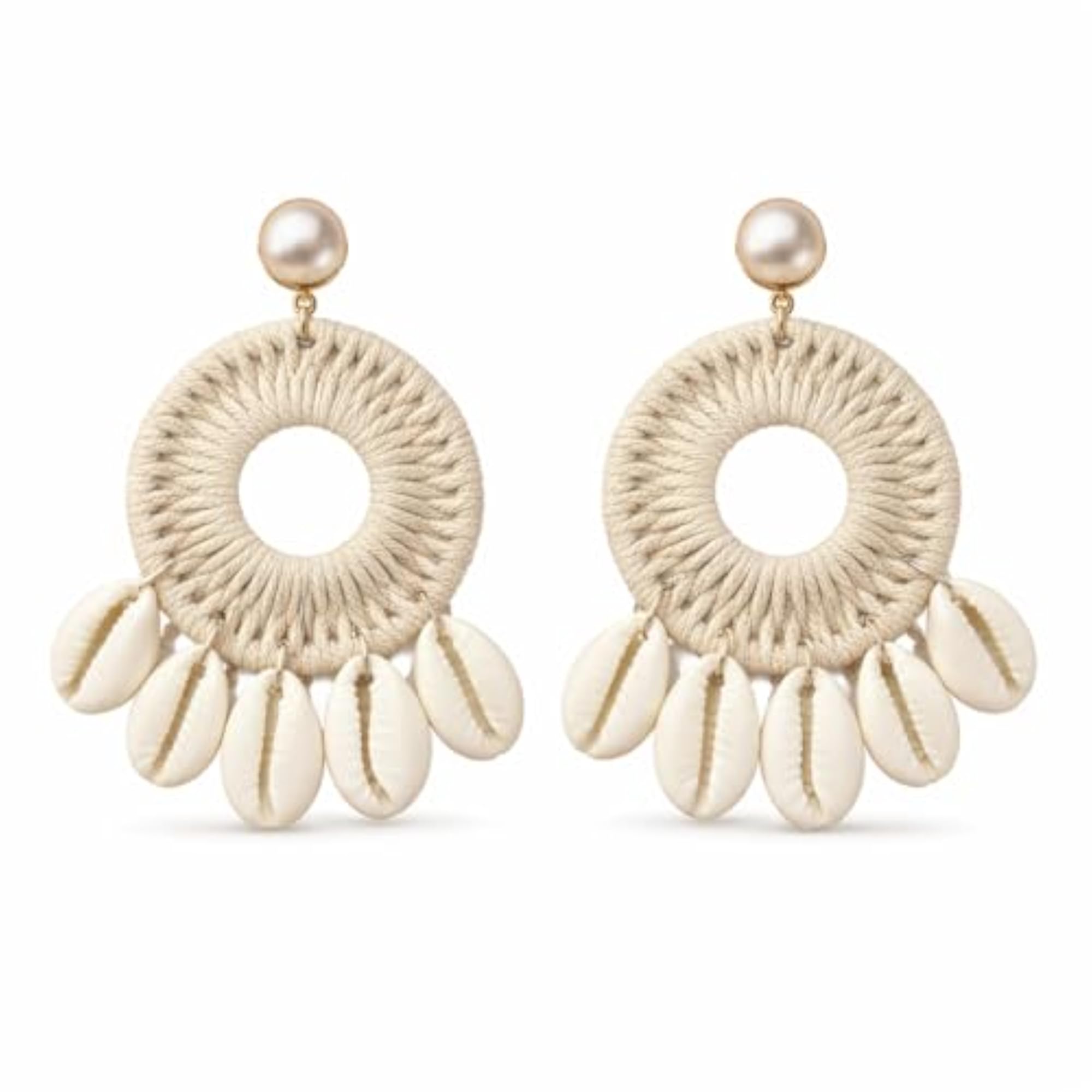Women's Handmade Macrame Cowrie Shell Dangle Earrings, Boho Beach Style