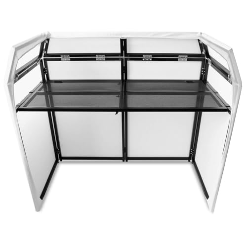 Vonyx DB3 DJ Desk, Mesa de DJ Portátil Grande, Aluminio Plegable, 146 x 73 x 132 cm, Incluye Bolsa de Transporte y Funda Blanca y Negra, Cabina de DJ, Equipo de DJ Plegable, Mueble DJ, Stand de DJ