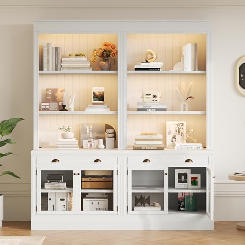 Image of 83.4 inch White Tall Bookshelf with LED Lighting, Modern Wood Double Bookcase with Glass Doors and Drawer, Set of 2 Storage Bookcases with Open Shelves for Living Room,Home Office (White+Glasses 2Set)