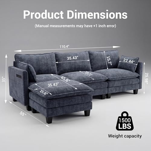 Image of 110.4 inch L Shaped Modular Sectional Sofa, Comfy Upholstery Chenille Cloud Couch with USB, Modern 4-Seat Deep Seat Sofa with Ottoman for Living Room, Apartment, Navy Blue