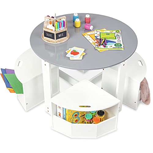 Milliard Toddler Table and Chair Set – Round Kids Activity Table With 4 Storage Stools, Nesting Design for Toddlers, Kids Play Table with Storage - Space-Saving Playroom Kids Furniture - (White) - Image 3