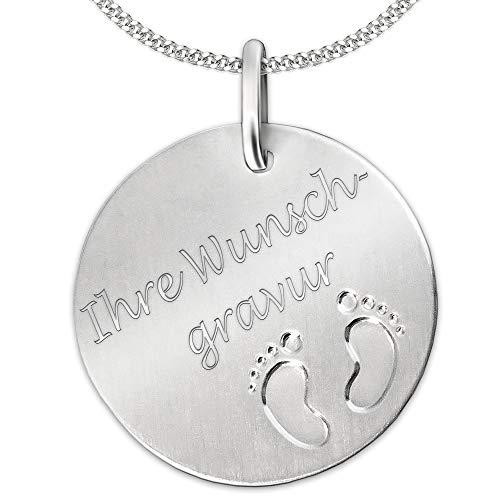 CLEVER SCHMUCK Set mit Gravur: Anhänger zur Geburt Form rund matt mit 2 Füßchen glänzend und Kette STERLING SILBER 925 mit Etui