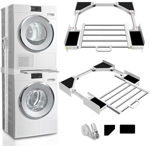 Kiss Core Washer Dryer Stacking Kit 29 inch, Universal Washer and Dryer Stacking Kit with Pull Out Drying Rack, Adjustable 29"/28"/27"/26"/25"/24" Stacking Kit with Ratchet Strap