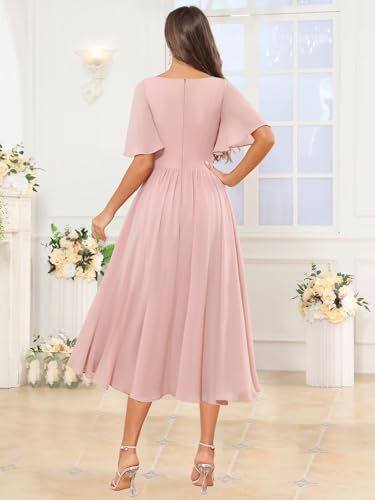 V Neck Mother of The Bride Dresses Tea Length Chiffon Flutter Sleeve Bridesmaid Dress with Pockets2