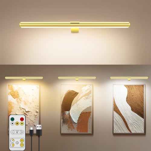 22'' Picture Light Gold for Painting with 3 Lighting,Rechargeable Wall Art Light for Painting Brightness Dimmable,Battery Display Accent Light for Picture Gallery Poster Frame Dartboard