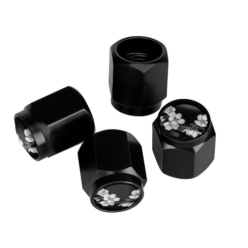 Buyidec White Flower Tire Valve Stem Caps Aluminum Black Stem Tire Valve Caps Universal Stem Covers for Cars SUVs Trucks Bikes Motorcycles Bicycles (4 Pack)
