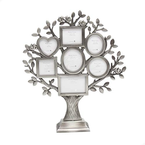 Lasody Antique Silver Family Tree With 7 Picture Frames Metal Table Top Photo Frame Decoration(Heart+Circle+Square) #TOP18
