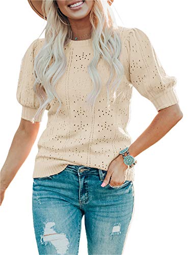 Foshow Womens Puff Short Sleeve Sweaters Tops Summer Soft Crew Neck Dot Pullover Shirt Lightweight Knit Sweater Blouse Apricot #TOP4