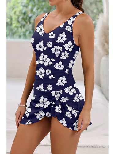 Image of Aidonger One Piece Swim Dress Swimsuits for Women Tummy Control Swimdress Skirt Bathing Suit