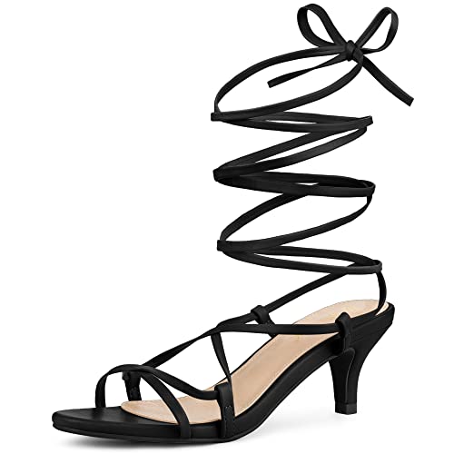 Allegra K Women's Strappy Lace Up Kitten Black Heels Sandals 6 M US
