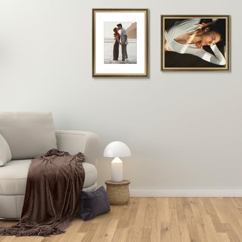 Image of Golden State Art,16x20 Ornate Picture Frame Holds 11x14 Photo,Black Gold | Includes plexiglass front,white mat,build-in hangers and buttons.Displays 11x14 photo on wall