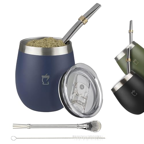 BARGRIN Kit Mate Argentino Completo - Incluye Bombillas Para Mate - Capacidad 8oz - Dos Bombillas de Acero y Cepillo para Limpieza (Azul)
