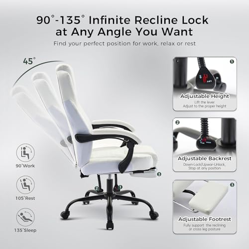 Image of amseatec Big and Tall Office Chair with Footrest, Lumbar Support, White | Ergonomic Leather High Back, Infinite Lock Reclining 90-135, 20 Spring Packs, 300lbs Capacity, Executive Desk Chair