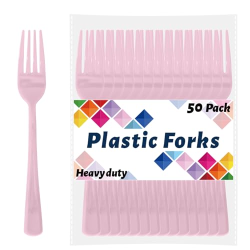 CXPSINC Pink Plastic Forks Disposable 50 Count - 7.28 Inch Heavy Duty Disposable Cutlery Utensils Solid for Party Picnic Catering Daily Use & More (Pink)
