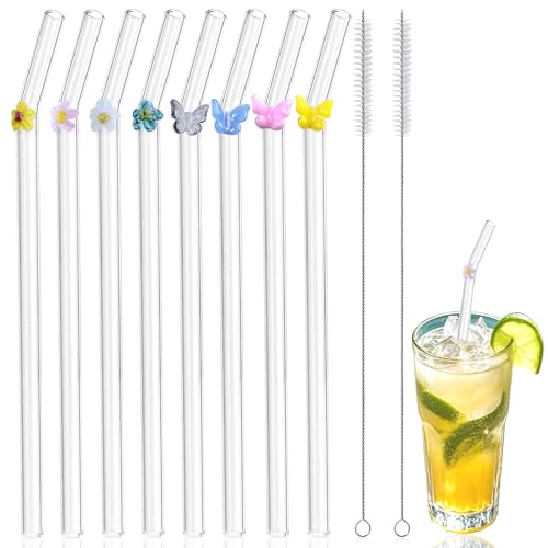 Reusable Glass Straws with Charms, 8pcs Cute Clear Shatter Resistant Bent Straws with Flower and Butterfly with 2pcs Cleaning Brushes for Stanley Cup Drink Smoothies, Milkshakes, Juice, Tea