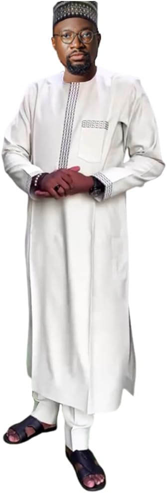 HD African Clothing Long Kaftan Clothes Sets Embroidery Dashiki Outfit for Man