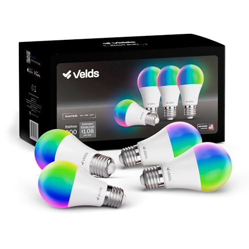 Velds �X�}�[�g�d�� 4�p�b�N RGB�F�ω� LED 16M �F �����\�ȃz���C�g 1800K-6500K WiFi Bluetooth Alexa Google Home�Ή� �n�u�Ȃ� A19 E26 9W 800LM