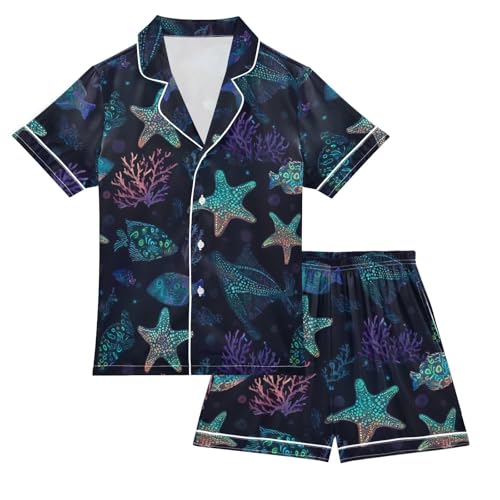 ALAZA Starfish Coral Reef Blue Funny Satin Pajamas Set Short Sleeve Button Down Sleepwear Summer Pjs 2 Piece