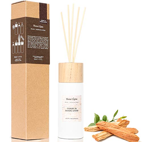 HomeLights Reed Diffuser Gift Set, Wooden Lid, Natural Scented Long Lasting Guaiac Sandalwood Fragrance Oil for Home Office Gift Idea, Aromatherapy Air Freshener and Stress Relief, 200ml 6.76 fl.oz