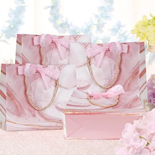 WWW 6 Pieces Gift Bags,Marble Pattern Gift Bag with Ribbon Bow, 11.8x10.6x4.7inch Waterproof Paper Gift Bag for Holiday Birthday Christmas Wedding Party,Pink