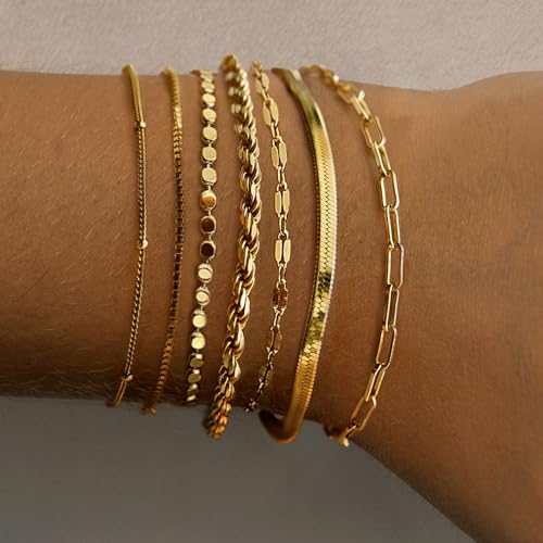 Gold Bracelets for Women,Dainty 14K Gold Plated Stack Set Trendy Stackable non tarnish Paperclip Chain Bracelets Gold Jewelry Sets Gifts for Women2