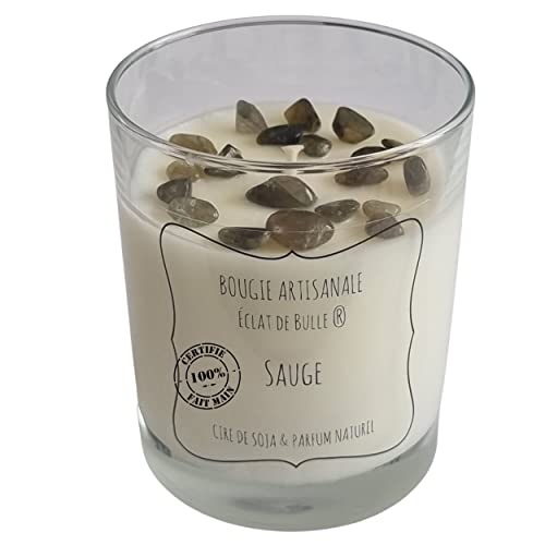 Éclat de Bulle® Bougie Lithothérapie Labradorite Parfumée Sauge 100% Naturelle. Fabrication Française et Artisanale. Pierre Anti-fatigue et pour l'hypersensibilité. Méditation, Relaxation, Bien Être Cover