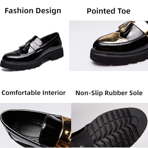 Mens Patent Leather Brogue Tassel Slip-On Dress Loafers Modern Wingtip Non-Slip Lug Sole Penny Shoes for Business Party Formal3