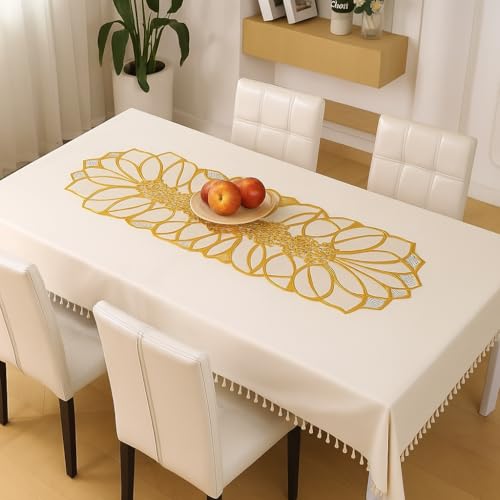 Image of Homerz Premium Table Runner, PVC, Size- 92x34 cm | Waterproof, Heat Resistant, Non-Slip, Easy to Clean Soft Table Runner for Coffee Table, Dining Table and Centre Table. (Golden pro)