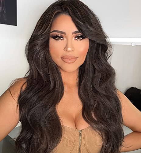 AISI HAIR Long Wavy 4# Natural Color Yaki Wigs for Women Synthetic Side Part Wave Wigs Hair Replacement Wigs Daily Use