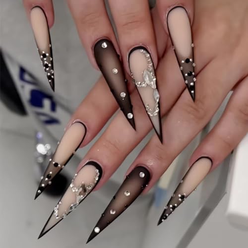BABALAL Black Gothic Press On Nails Long Stiletto Fake Nails Fren...