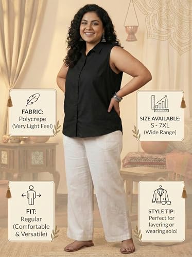 Image of Women Plus Size Sleeveless Button Down Shirt Polyester Formal Office Casual Wear Classic Fit Professional Shirt