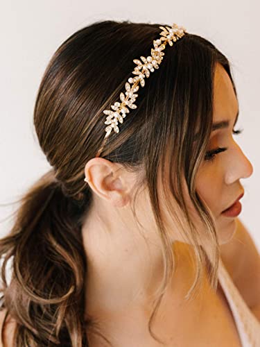 Sweetv Rhinestone Bridal Headband Gold Crystal Tiara For Women Pearl Wedding Headpieces For Bride Hair Accessories For Prom Birthday Party #TOP2