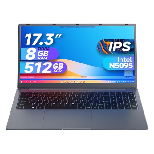 IJKKJI 17.3-inch Laptop, 17 Inch 8GB RAM 512GB SSD Laptop with Celeron Quad Core N5095(up to 2.9GHZ), IPS FHD Display, Webcam, Dual Wi-Fi, Buletooth 4.2, HDMI, USB 3.0, Type-c