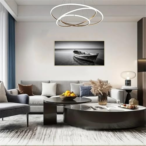 Tableau Décoration Murale Lac Bateau 2 Noir et Blanc Toile 60x120cm - 4