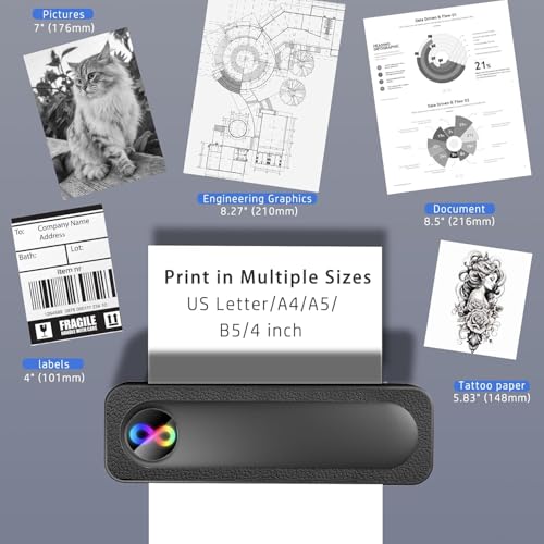 Image of Portable Thermal Wireless Printers for Travel, Inkless Bluetooth Printer Support for 8.5 inchx11 inch US Letter & A4 Thermal Paper Compatible with iOS, Android & Laptop for Tattoo,Office (BG25)