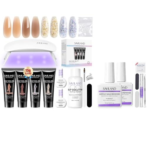 SAVILAND Easy Poly gel Nail Kit Starter Kit with Slip Solution Mini U V/LED Lamp and Poly Gel Nail Remover Kit, Bundle