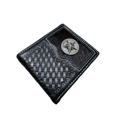 Urbalabs Mens Cow Hair Cowboy Lone Star Concho Basketweave Bifold Western Leather Wallet High End Hand Stitched Leather Style Mens Wallets Leather Bull Rider Rodeo Gifts For Men (Black)