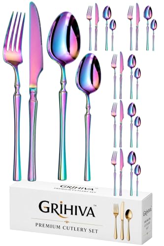 Image of 24 Pcs Rainbow Slim Handle Stainless Steel Cutlery Set for Dining Table with Spoons and Forks Set + Butterknives - The Perfect Tableware /Flatware