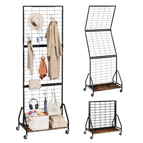 ELYKEN Foldable Grid Wall Panels 5.5' x 2' FT, Movable Wire Gridwall Display Rack with Wheels and Adjustable Foots, Retail Display Stand for Vendor with Storage (Rustic Brown)