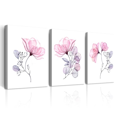 DZRWUBHS Frame Canvas Wall Art For Bedroom & Living Room Decor - Pink Flowers Wall Paintings - Office Wall Pictures - 16x24, 3 Pieces