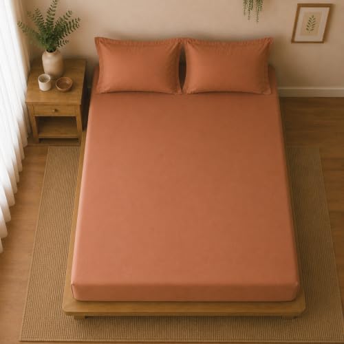 Image of Linen Home Cotton Percale Fitted Bedsheet Set King Size Tera Clay