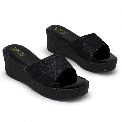 Image of WFS Women's Black 2.5 Inch Wedge Heel Slip-On Fashion Sandals - Shimmer Finish