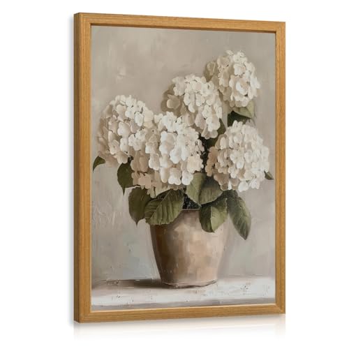 IAFWZX Wood Framed Neutral White Hydrangea Farmhouse Wall Art 12x16 in