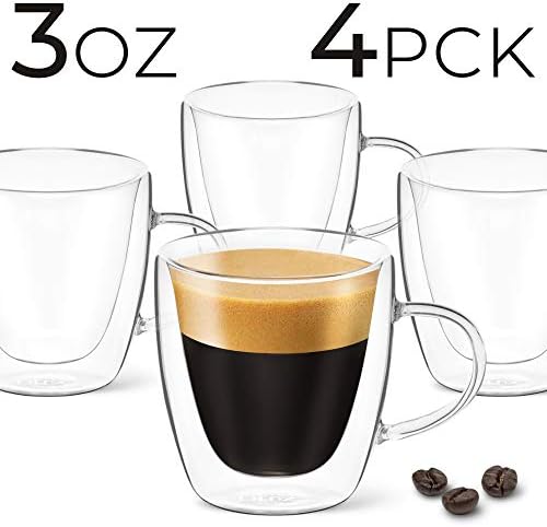 DLux Espresso Coffee Cups 80ml, Double Wall, Clear Glass Set of 4 3oz Glasses with Handles, Insulated Borosilicate Glassware Tea Cup