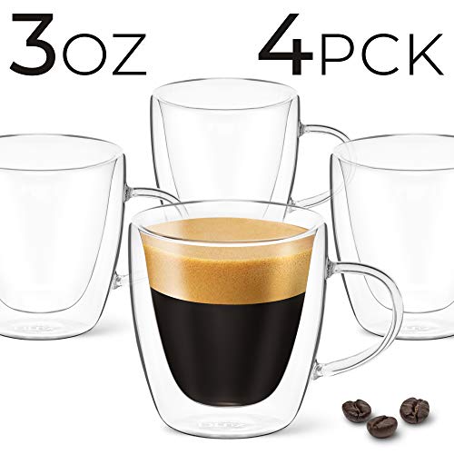 DLux Espresso Coffee Cups 3oz, Double Wall, Clear Glass set of 4 Glasses