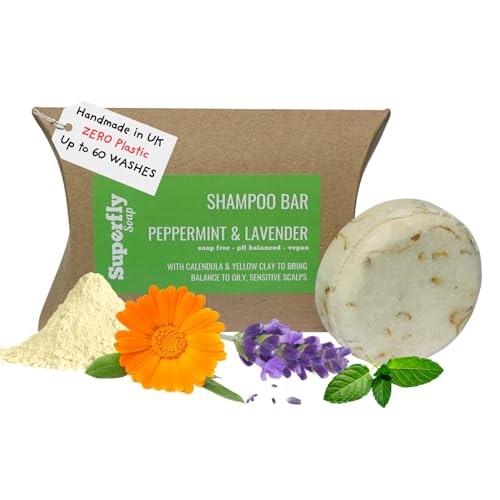 Image of Solid Shampoo Bars for Hair UK Made - Peppermint & Lavender Scented Shampoo Bar for Greasy Hair. SLS and Soap Free. 99% natural. Plastic free and vegan friendly. Handmade Eco Shampoo Bar.